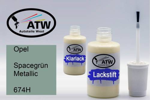 Opel, Spacegrün Metallic, 674H: 20ml Lackstift + 20ml Klarlack - Set, von ATW Autoteile West.